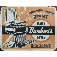 metalen_wandbord_tekst_shave_and_cut_mans_barbers_style